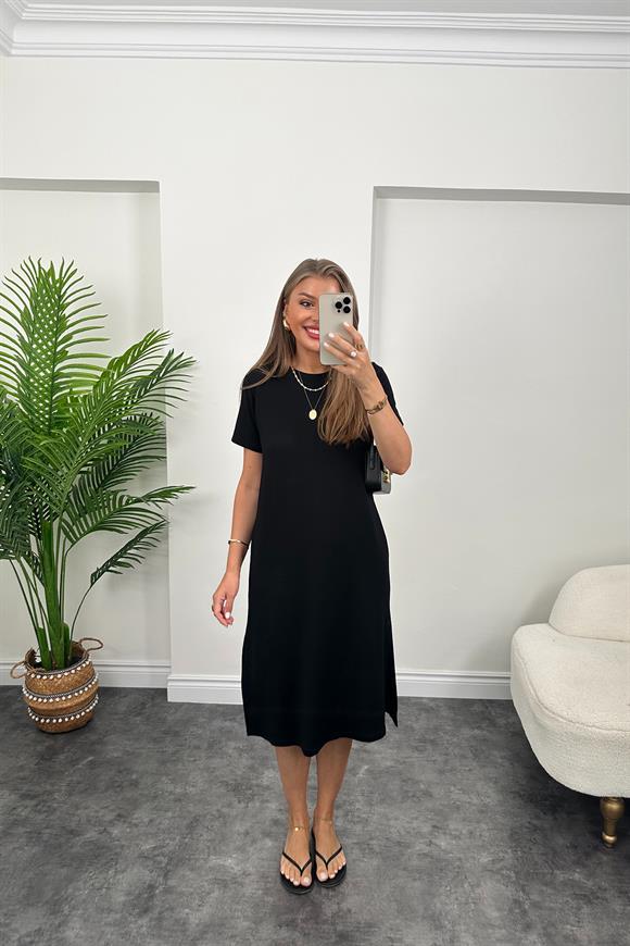 Kısa Kol Çift Yırtmaçlı Viskon Çelik Salaş Elbise Siyah