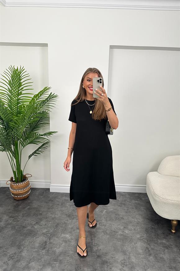 Kısa Kol Çift Yırtmaçlı Viskon Çelik Salaş Elbise Siyah
