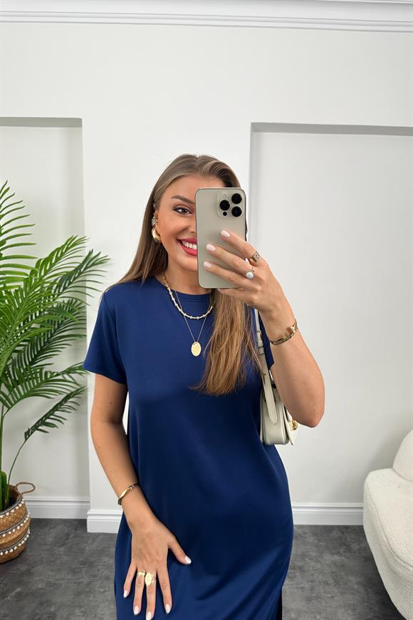 Kısa Kol Çift Yırtmaçlı Viskon Çelik Salaş Elbise Lacivert