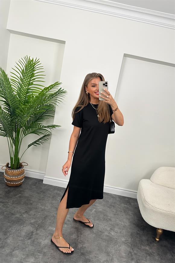 Kısa Kol Çift Yırtmaçlı Viskon Çelik Salaş Elbise Siyah