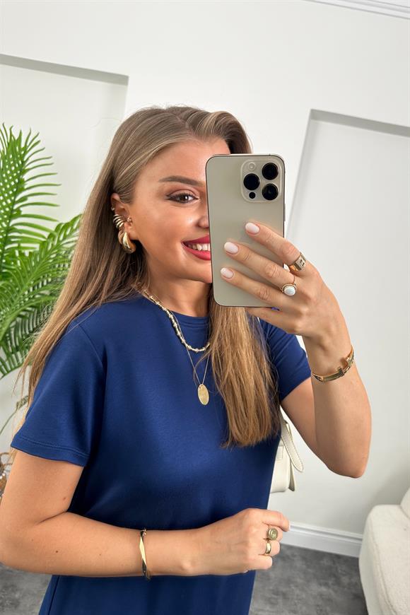 Kısa Kol Çift Yırtmaçlı Viskon Çelik Salaş Elbise Lacivert