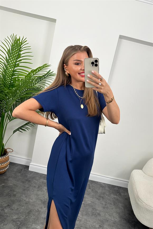 Kısa Kol Çift Yırtmaçlı Viskon Çelik Salaş Elbise Lacivert