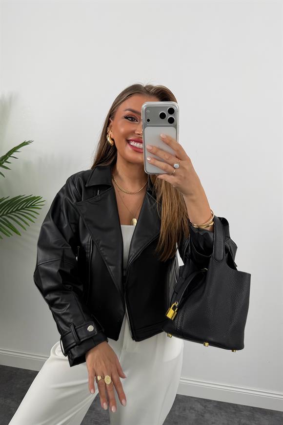 Kolu Pensli Astarlı Biker Deri Ceket