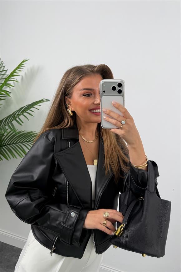 Kolu Pensli Astarlı Biker Deri Ceket