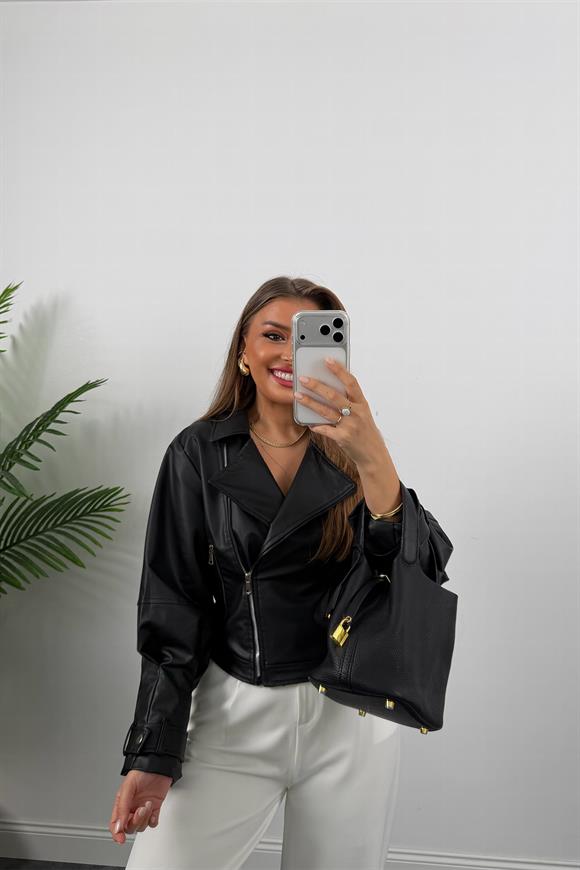 Kolu Pensli Astarlı Biker Deri Ceket