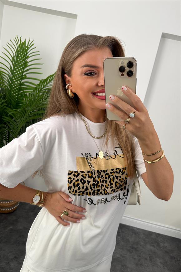 Leopar Gold Desenli Taş İşlemeli Basic Tshirt