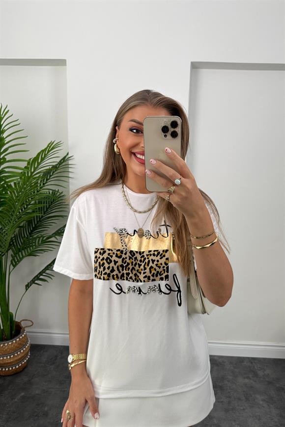 Leopar Gold Desenli Taş İşlemeli Basic Tshirt