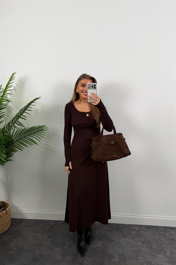 Likralı Çelik Kumaş Maxi Basic Elbise Acı Kahve