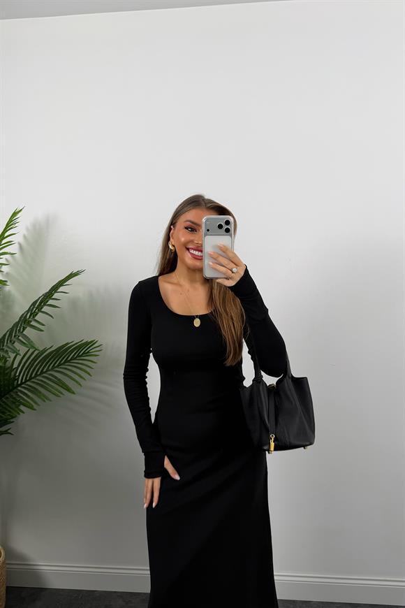 Likralı Çelik Kumaş Maxi Basic Elbise Siyah