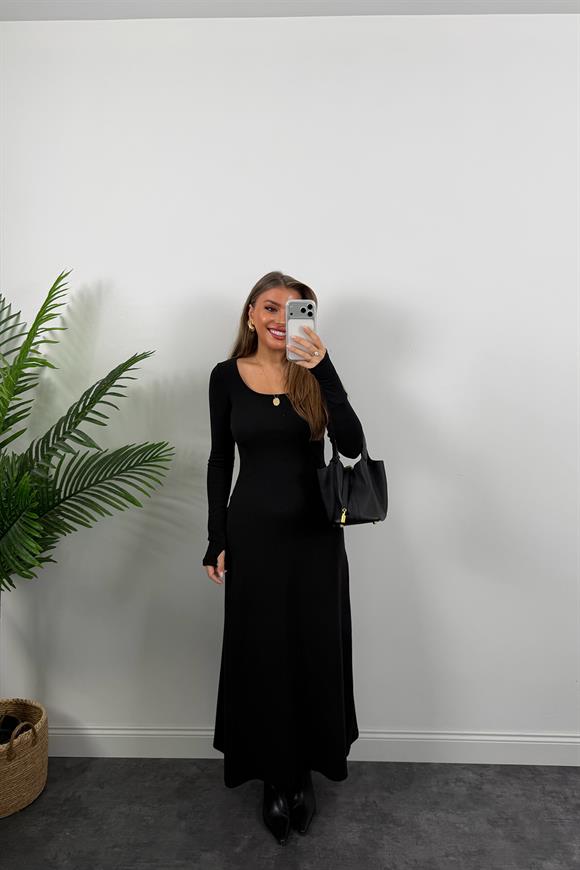 Likralı Çelik Kumaş Maxi Basic Elbise Siyah