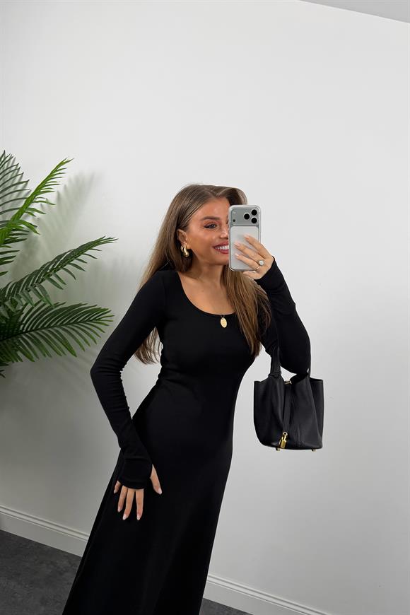 Likralı Çelik Kumaş Maxi Basic Elbise Siyah