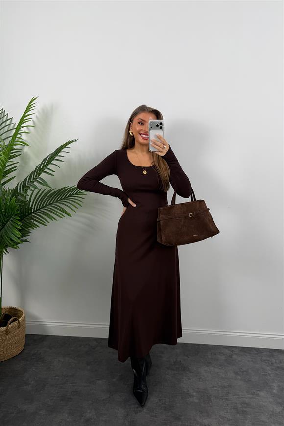 Likralı Çelik Kumaş Maxi Basic Elbise Acı Kahve