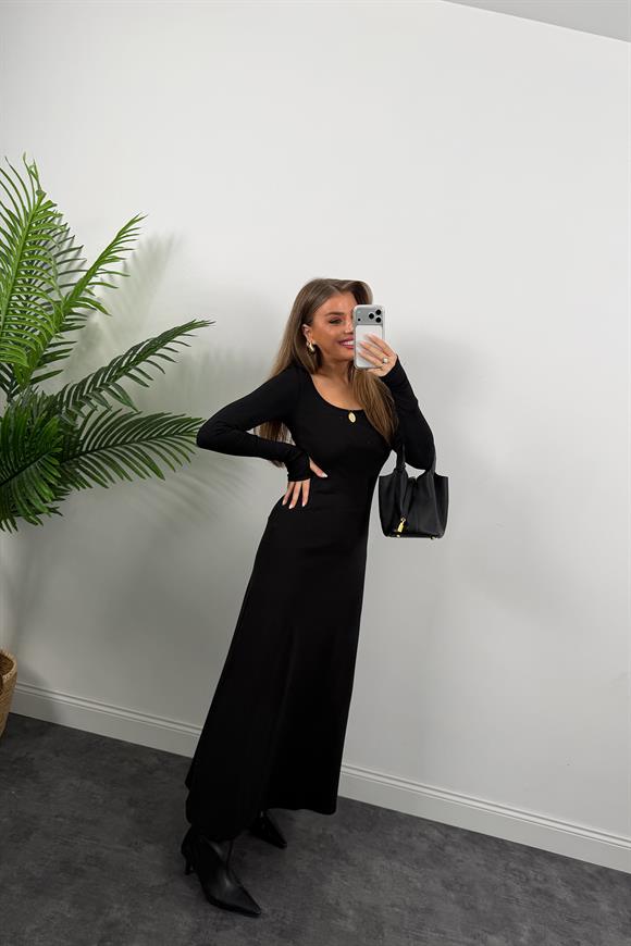 Likralı Çelik Kumaş Maxi Basic Elbise Siyah