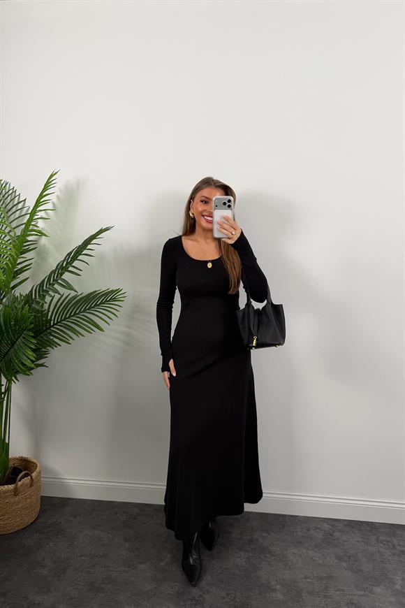 Likralı Çelik Kumaş Maxi Basic Elbise Siyah