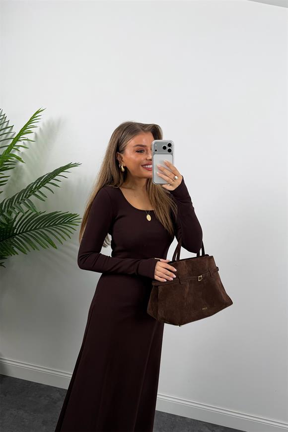 Likralı Çelik Kumaş Maxi Basic Elbise Acı Kahve