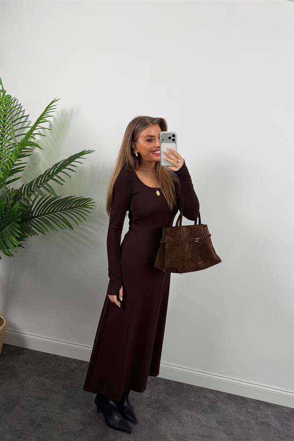 Likralı Çelik Kumaş Maxi Basic Elbise Acı Kahve