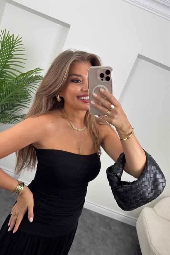 Likralı Drapeli Maxi Straplez Elbise