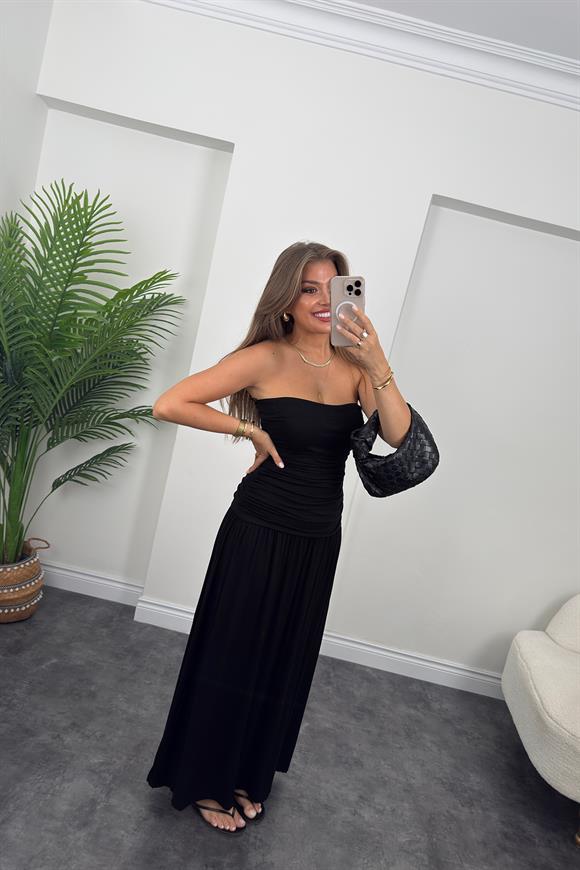 Likralı Drapeli Maxi Straplez Elbise