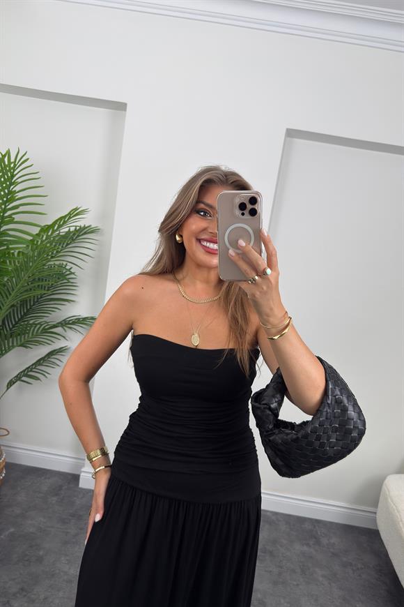 Likralı Drapeli Maxi Straplez Elbise