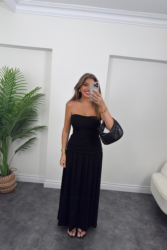 Likralı Drapeli Maxi Straplez Elbise