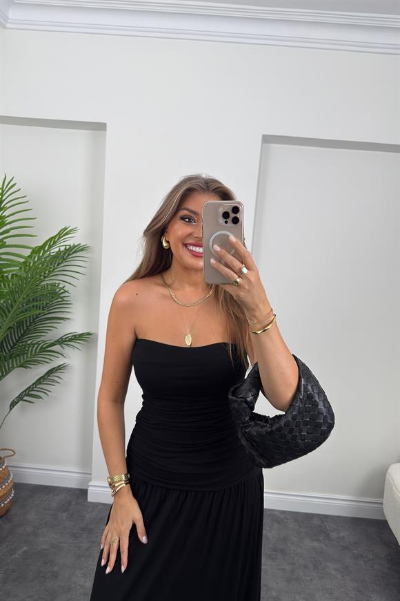 Likralı Drapeli Maxi Straplez Elbise