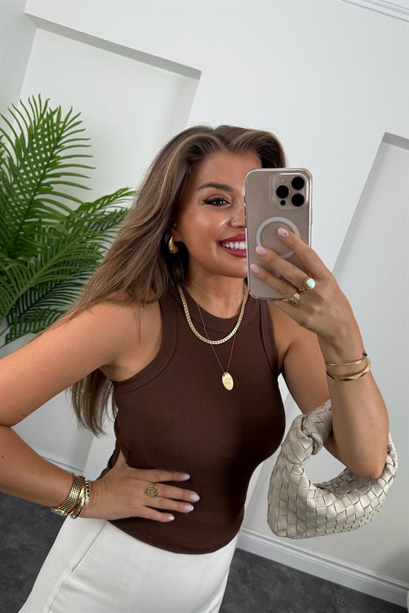 Likralı Fitilli Basic Halter Atlet Acı Kahve