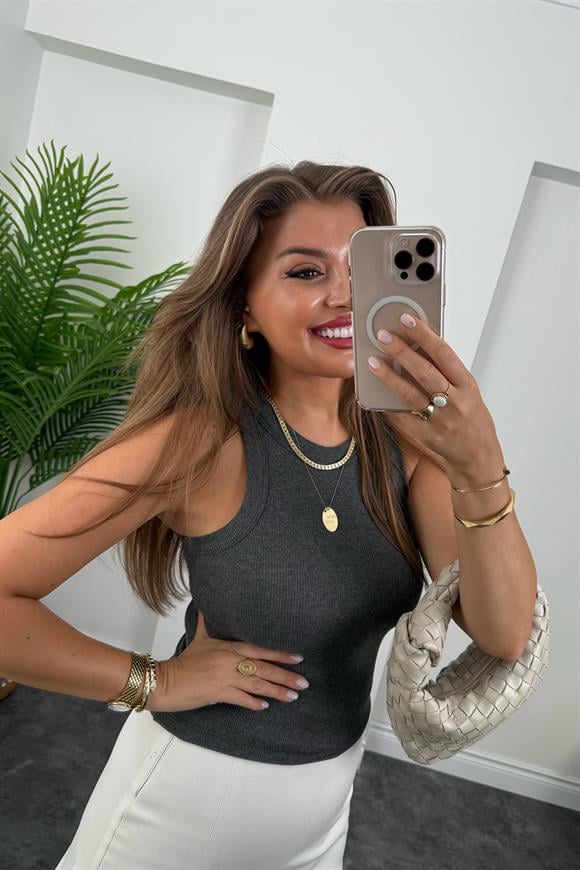 Likralı Fitilli Basic Halter Atlet Antrasit