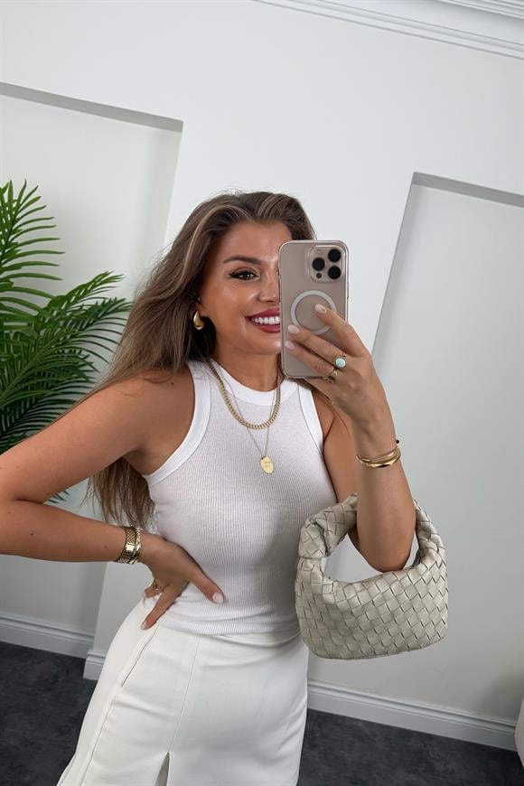 Likralı Fitilli Basic Halter Atlet Beyaz