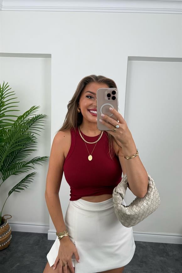Likralı Fitilli Basic Halter Atlet Bordo