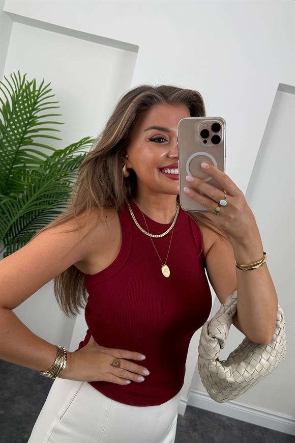 Likralı Fitilli Basic Halter Atlet Bordo
