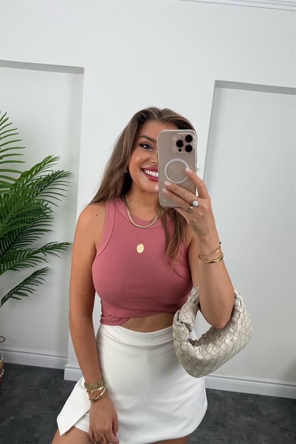 Likralı Fitilli Basic Halter Atlet Gül kurusu