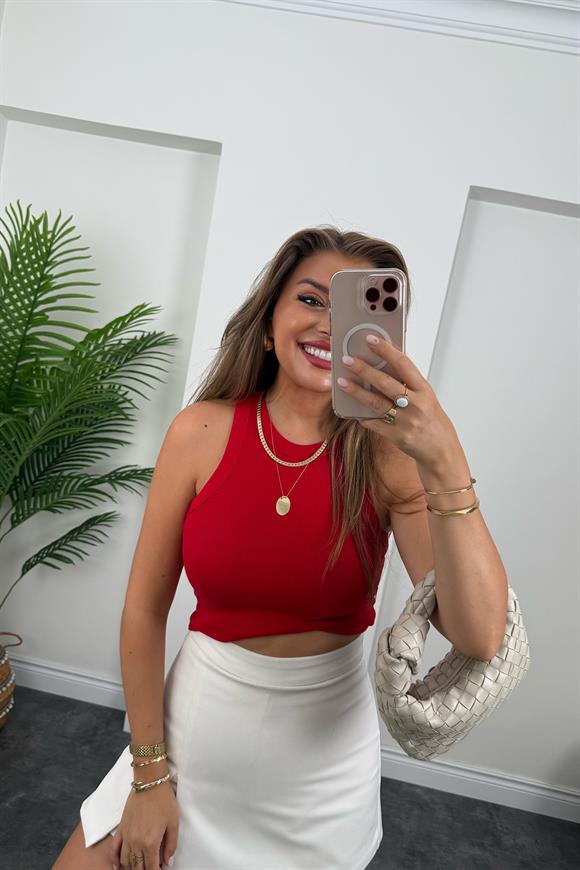 Likralı Fitilli Basic Halter Atlet Kırmızı