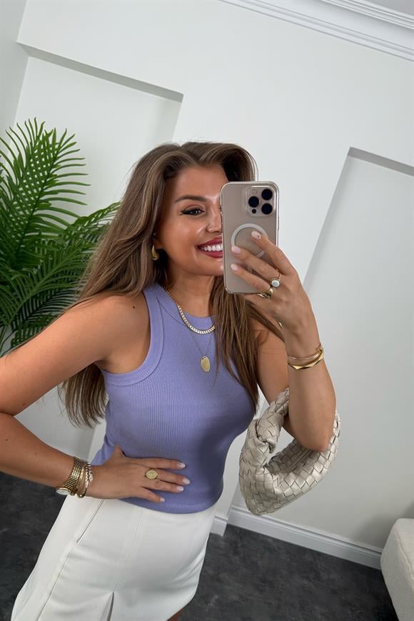 Likralı Fitilli Basic Halter Atlet Lila