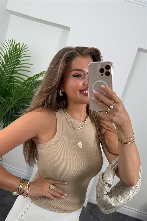 Likralı Fitilli Basic Halter Atlet Nude