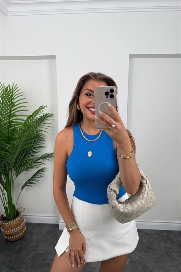 Likralı Fitilli Basic Halter Atlet Sax Mavi