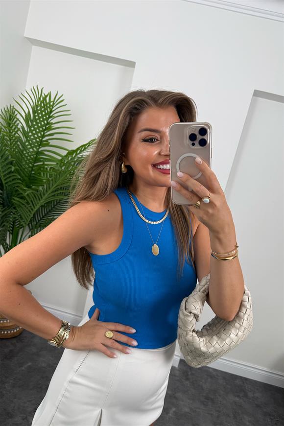 Likralı Fitilli Basic Halter Atlet Sax Mavi