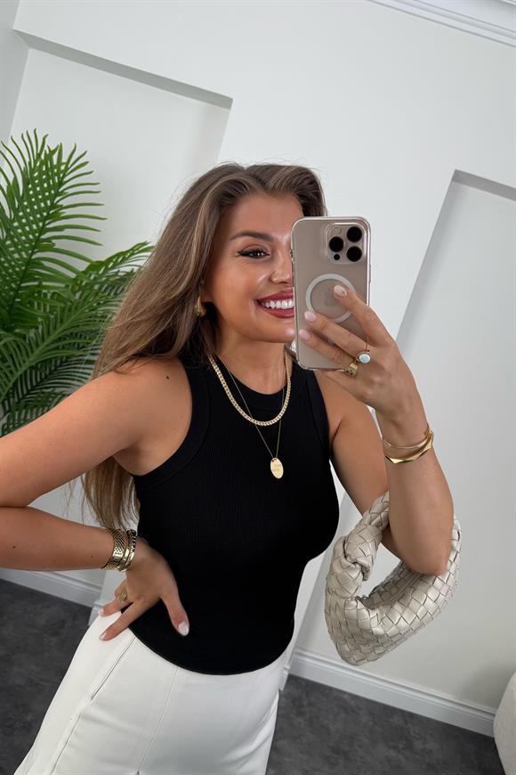 Likralı Fitilli Basic Halter Atlet Siyah