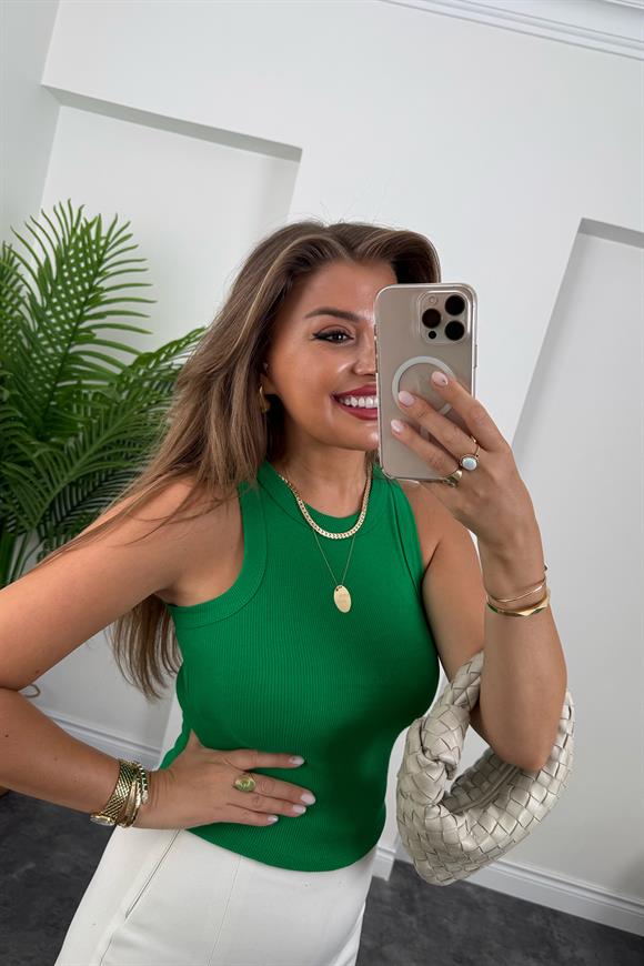 Likralı Fitilli Basic Halter Atlet Yeşil