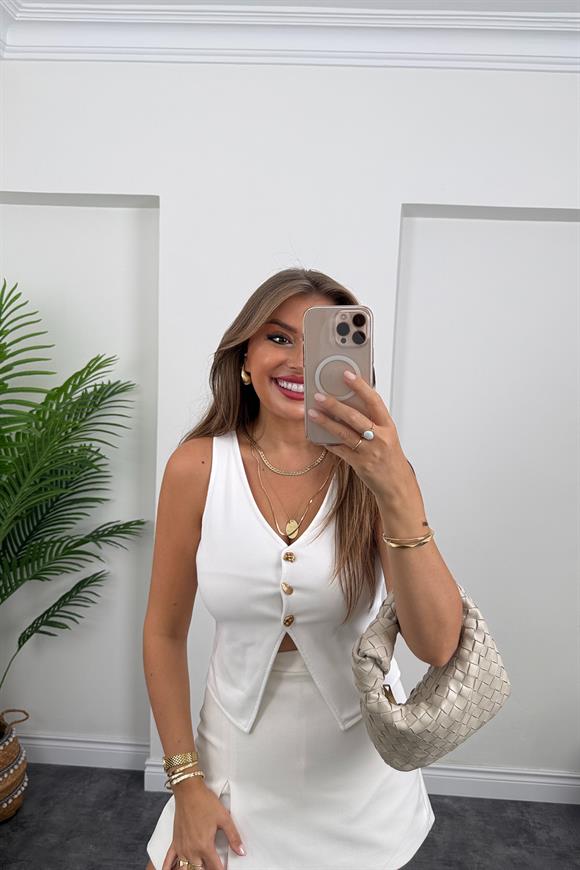 Likralı Gold Düğmeli Ottoman Yelek Beyaz