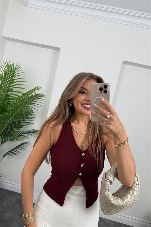 Likralı Gold Düğmeli Ottoman Yelek Bordo