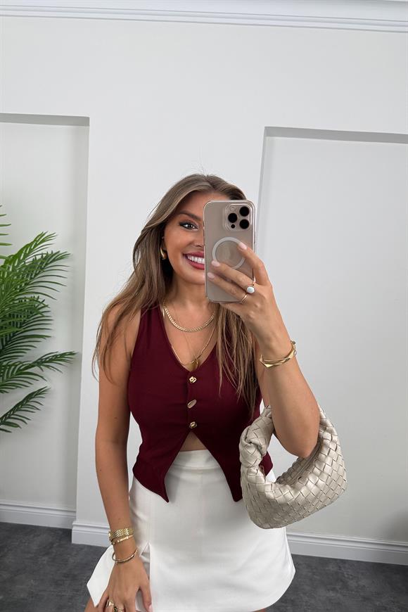 Likralı Gold Düğmeli Ottoman Yelek Bordo