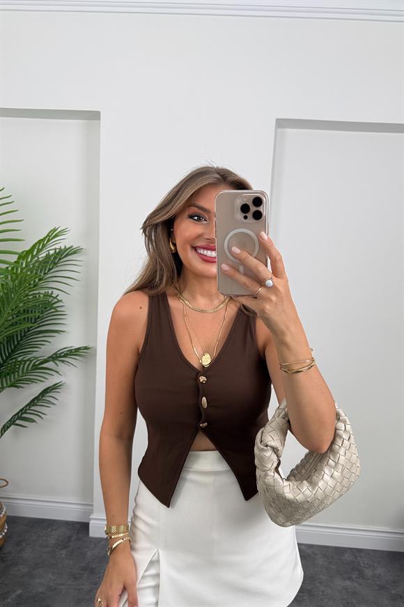 Likralı Gold Düğmeli Ottoman Yelek Kahverengi