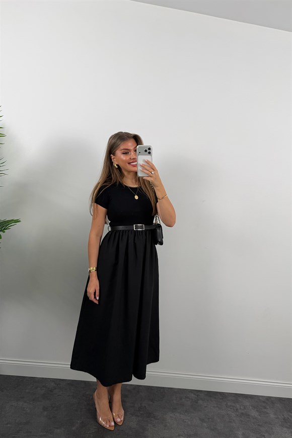 Likralı Kemerli Midi Boy Basic Kloş Elbise Siyah