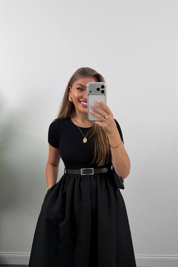 Likralı Kemerli Midi Boy Basic Kloş Elbise Siyah
