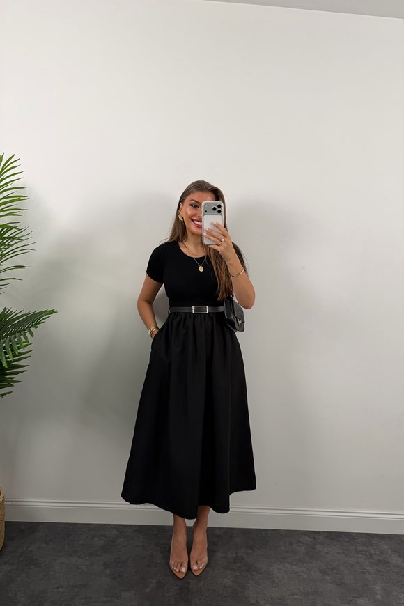 Likralı Kemerli Midi Boy Basic Kloş Elbise Siyah