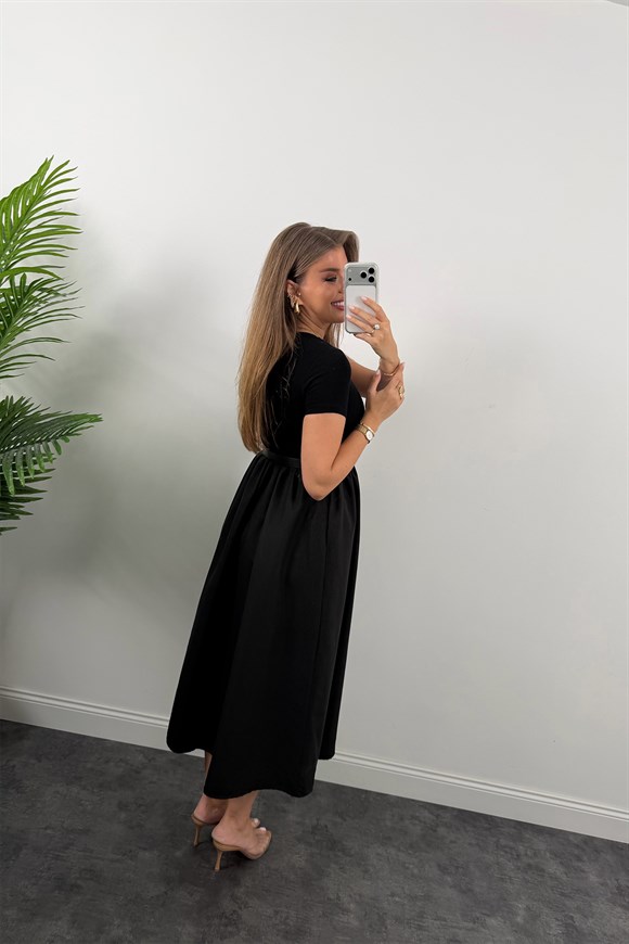 Likralı Kemerli Midi Boy Basic Kloş Elbise Siyah