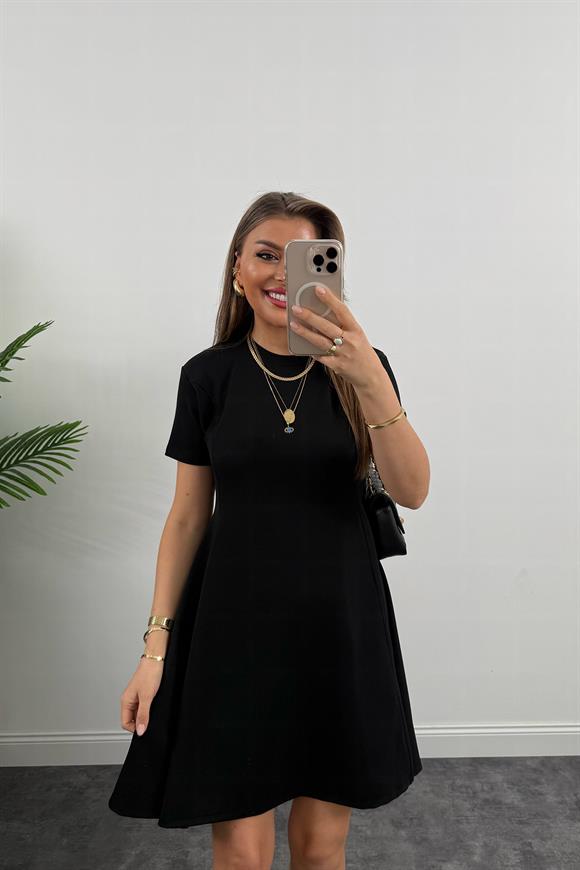 Likralı Krep Kumaş Kısa Kol Basic Salaş Elbise