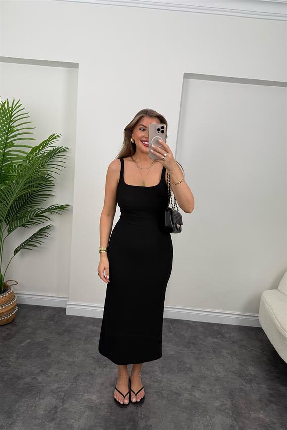 Likralı Ottoman Kumaş Kare Yaka Basic Kalem Elbise Siyah