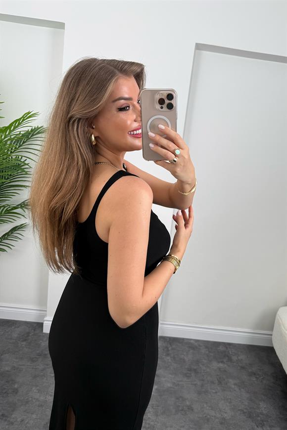 Likralı Ottoman Kumaş Kare Yaka Basic Kalem Elbise Siyah