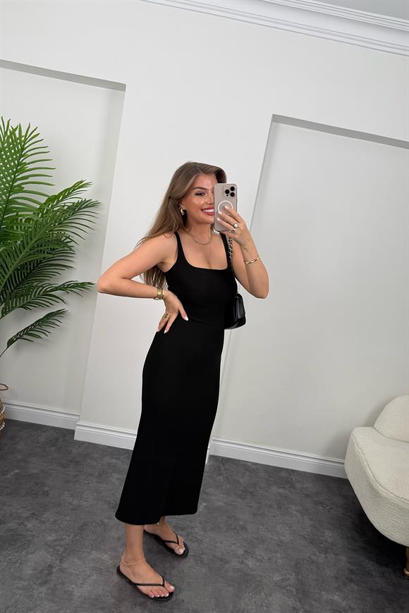 Likralı Ottoman Kumaş Kare Yaka Basic Kalem Elbise Siyah